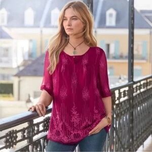 Sundance XL Cora Red Embroidered Short Sleeve Blouse Tunic Top Shirt Boho